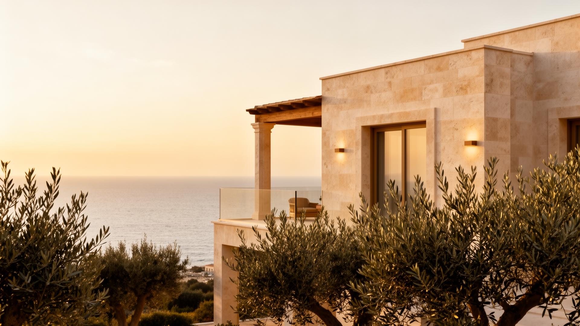 Friends gathered at a Mediterranean villa at golden hour
